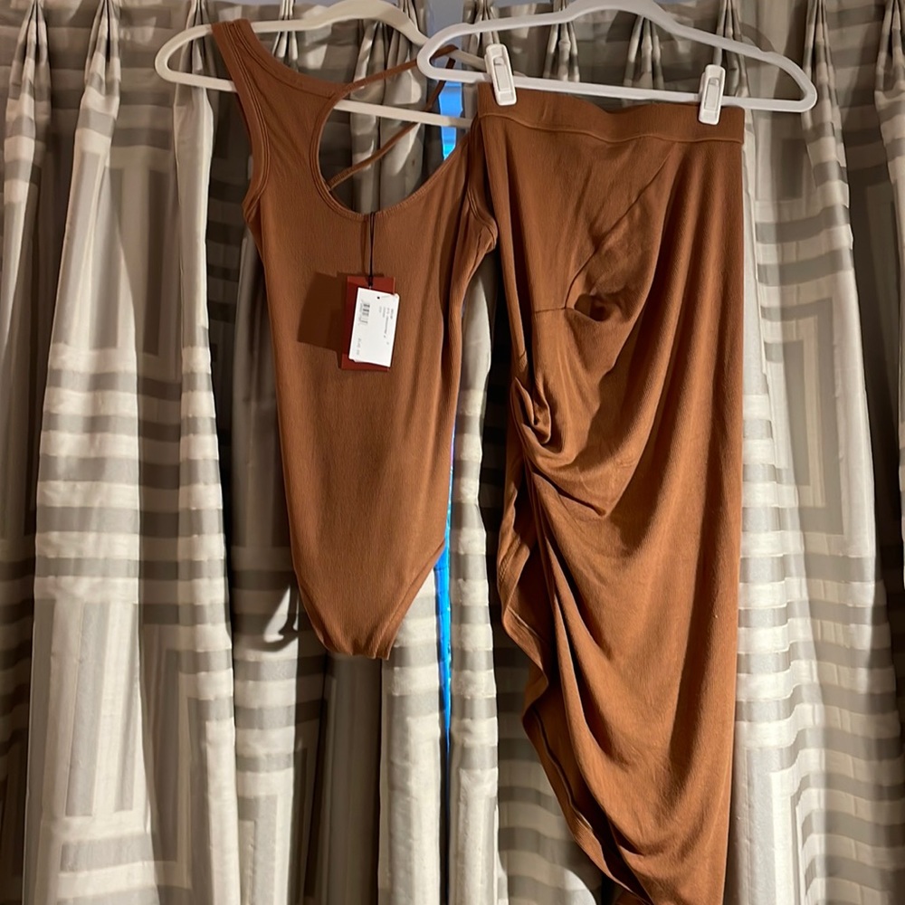 ALIX NY tan/beige matching body suit and skirt.  Fitting :)